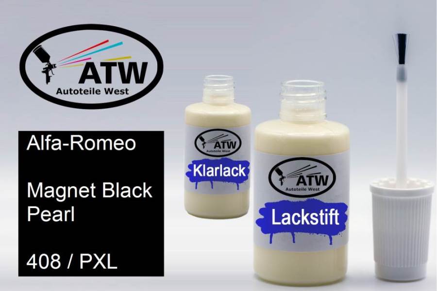 Alfa-Romeo, Magnet Black Pearl, 408 / PXL: 20ml Lackstift + 20ml Klarlack - Set, von ATW Autoteile West.